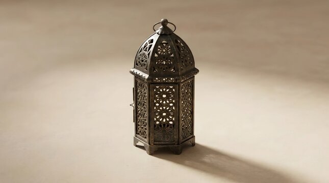 
Vintage Moroccan Metal Lantern With Intricate Islamic Geometric Filigree Pattern On Beige Background

