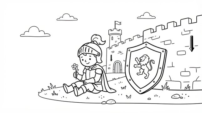 Little knight sitting with a flower near a castle wall coloring page