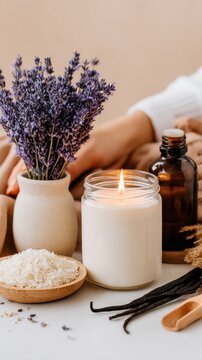 A serene arrangement featuring a lavender bouquet, candle, and decorative ingredients for relaxation