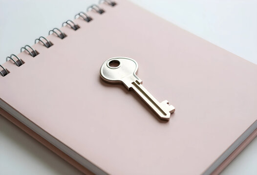Success and solution concept metal key resting on a closed pink notebook for business strategy planning and personal development goals in office