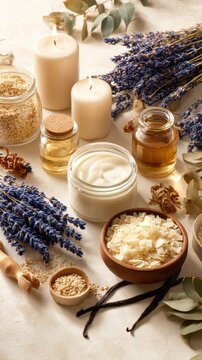 A serene arrangement of lavender, candles, oils, and creams showcasing natural skincare ingredients