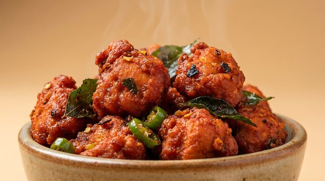 Spicy chicken 65 dish served in a clay bowl with green chili and curry leaves. chicken 65