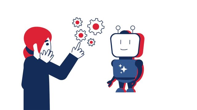 robot presenting floating gears to thoughtful woman with question marks motion graphics, ai explaining complex processes animation, human learning from artificial intelligence animated video, 