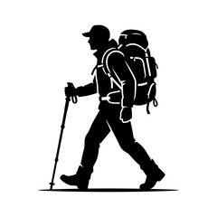 Hiker silhouette with backpack and trekking poles walking black vector icon isolated for travel agency marketing outdoor adventure store branding project themes. © Hina