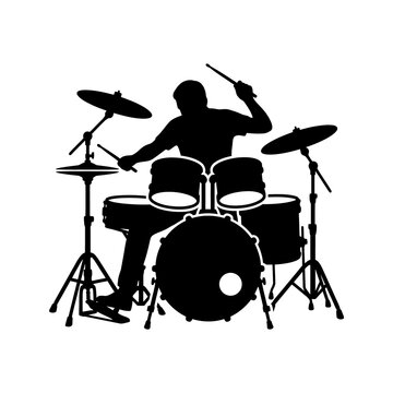 Silhouette of drummer playing full drum kit instrument with cymbals and bass drum on transparent background perfect for band logos and music festival posters.
