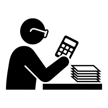 Accountant working with calculator and documents icon vector illustration depicting financial auditing bookkeeping tax preparation and business management concepts.