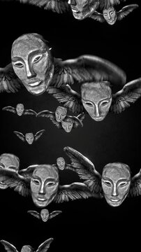Animated group of strange scary masks with wings flying in puppet stop-motion style. 