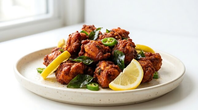Spicy cooked meat chunks with fresh lemon wedges and green herbs on a round plate. chicken 65