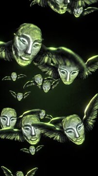 Animated group of strange scary masks with wings flying in puppet stop-motion style. 