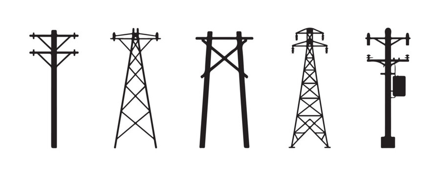 Electrical power poles and high voltage transmission towers set, electricity for energy grid.