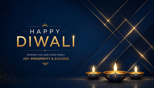 Elegant happy diwali background banner with lit diya lamps and golden geometric sparkles on dark blue surface diya lamp festival of lights oil lamp deepavali