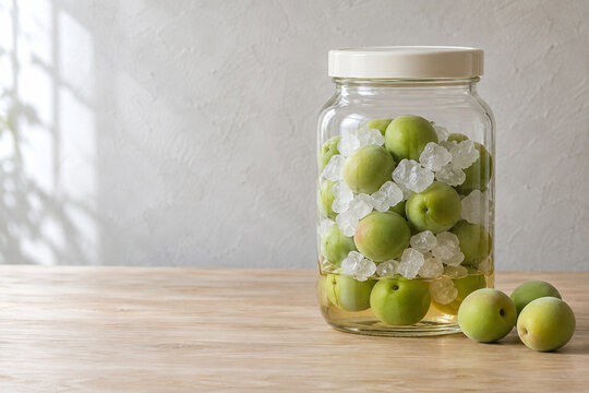 Green ume fruit and rock sugar for homemade syrup in a glass jar