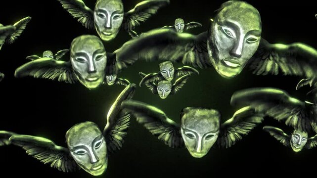 Animated group of strange scary masks with wings flying in puppet stop-motion style. 