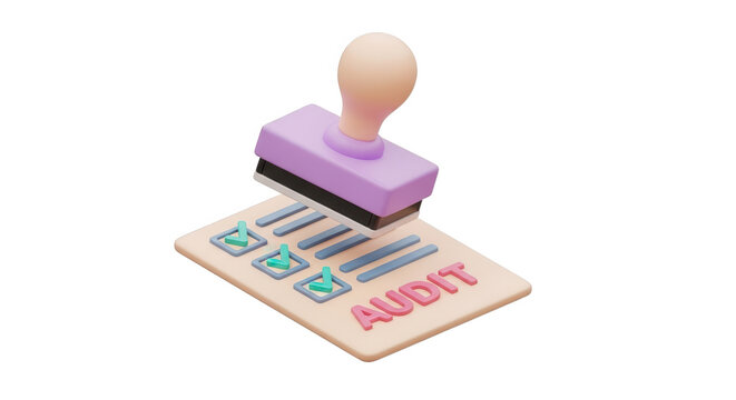 3D isometric stamp with checkmarks on document labeled AUDIT during approval process