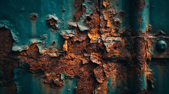 Rusty peeling teal metal surface with orange rust texture close up