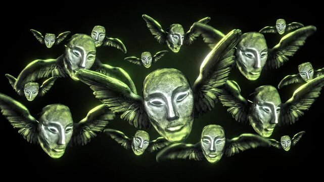 Animated group of strange scary masks with wings flying in puppet stop-motion style. 