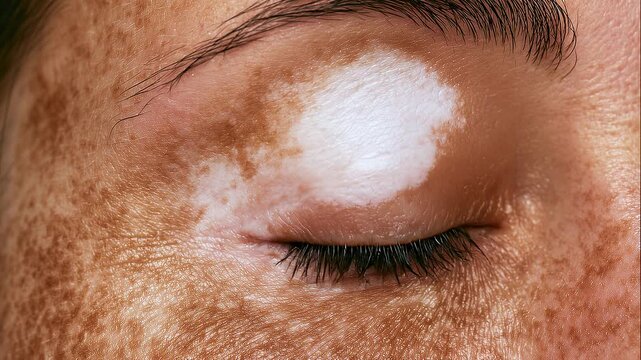 Macro close-up of a closed eye with a sharply defined white vitiligo patch surrounded by brown freckles and natural skin texture, showing periocular depigmentation.