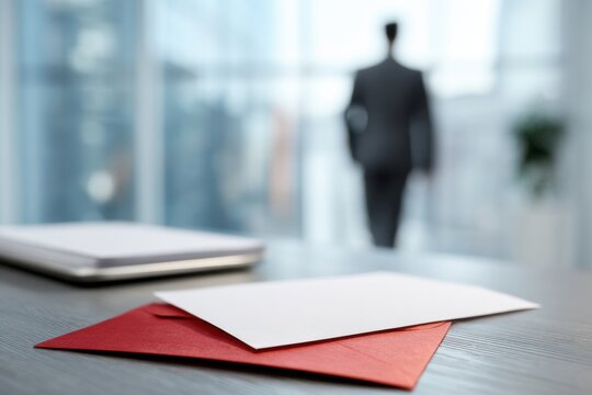 Employment notice and sealed envelope rest on a desk as a blurred figure leaves the workplace