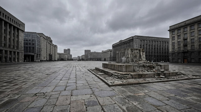 Urban Desolation Empty City Square With Ruined Concrete Pedestal