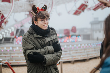 A young man in glasses and a reindeer headband stands bundled up at a winter fair. He smiles while standing near a decorated amusement ride with blurred holiday lights. © qunica.com