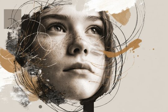 Expressive mixed-media portrait enhanced with abstract doodles and flowing brushstroke overlays