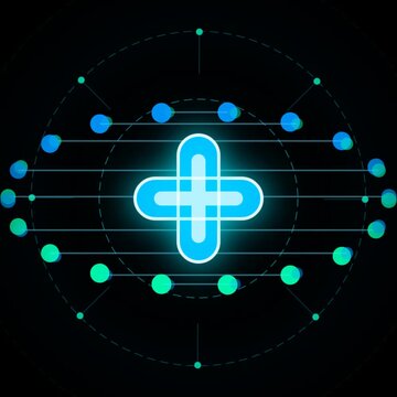 Futuristic medical plus symbol with glowing blue rings and technology data nodes background motion sign cross healthcare hud interface digital animation graphics graphic resources neon cyan green