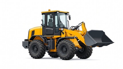 Fototapeta premium Robust yellow wheel loader for heavy construction projects and earthmoving tasks, featuring a powerful bucket and strong tires, isolated on a clean white background