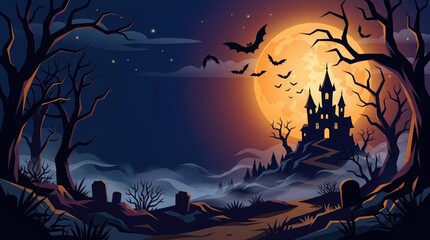 Fototapeta premium A Spooky Halloween Night Landscape Featuring A Haunted Castle Silhouette Under A Large Glowing Full Moon In A Misty Dark Forest With Bats Flying