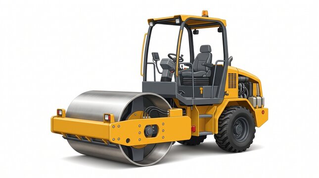 Robust yellow road roller compactor isolated on a clean white background, representing essential heavy-duty construction machinery for asphalt paving, ground leveling, and site consolidation projects