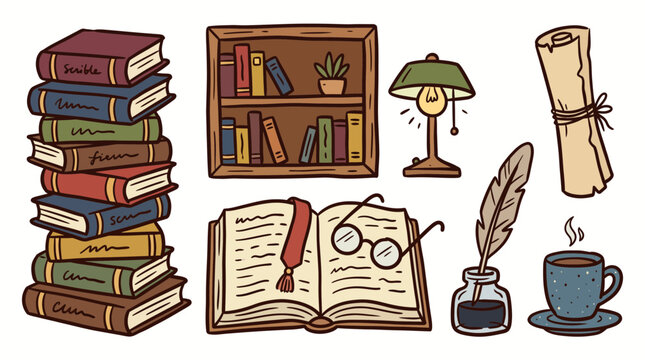 Vintage Bookstore Doodle Collection SVG vector illustration collection with premium hand drawn decorative elements, creative graphic design assets for branding, crafts, printing, digital projects and