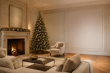 Obraz premium 暖炉とツリーのある高級クリスマス室内背景