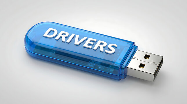 Blue USB flash drive with software drivers storage concept for hardware installation