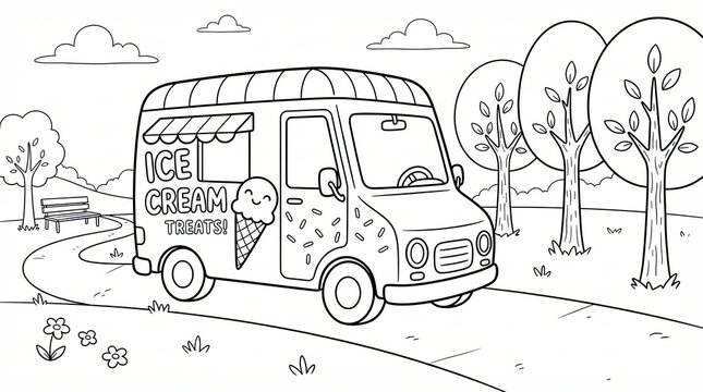 Cute ice cream truck driving on a road in the park for kids coloring page activity