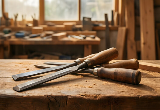 Craftsmanship and woodworking tradition, sharp steel chisels with wooden handles resting on a rustic workbench in a professional carpentry workshop