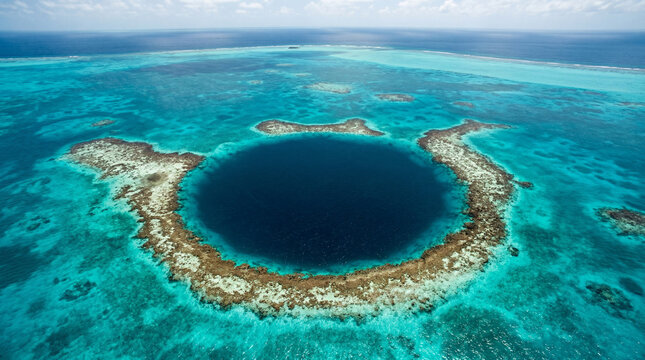 Great Blue Hole Sinkhole Surrounded By Coral Reef In Tropical Ocean