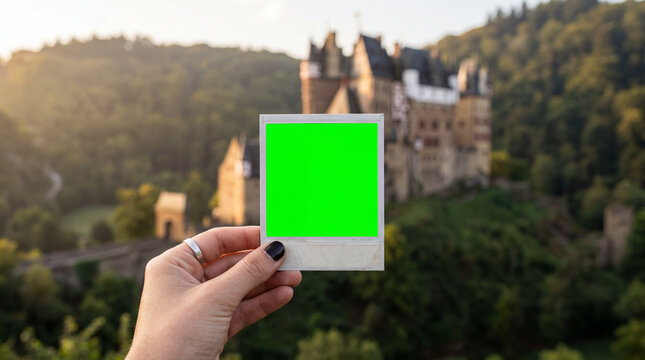 Travel Marketing Hand Holding Green Screen Frame Blurred Medieval Castle