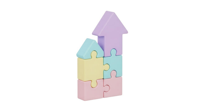 Pastel puzzle pieces forming an upward arrow and house shape in soft studio lighting