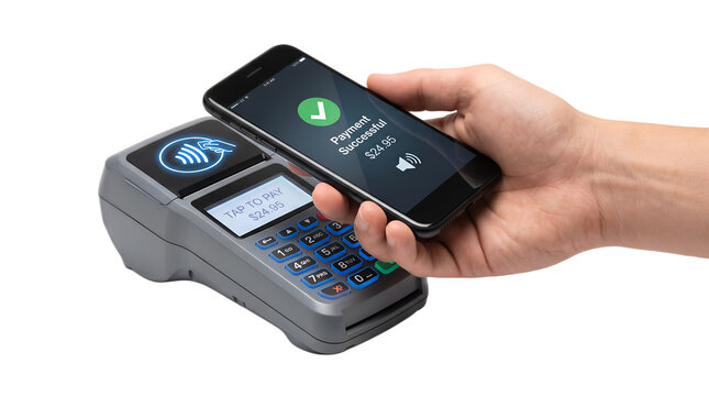 Hand tapping mobile on modern payment terminal isolated on transparent background, NFC payment 