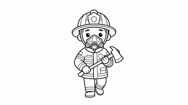 Cute cartoon firefighter character wearing a safety helmet and holding a heavy axe