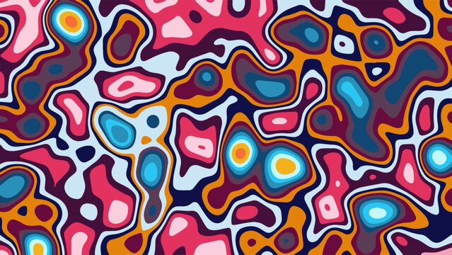 Illustration Vibrant Abstract Seamless Pattern Modern Psychedelic Organic Fluid Shapes Paper Cut Contour Pink Purple Blue Orange Color Pastel Design Vector. Ideal for Wallpapers, Textiles, Fabric 
