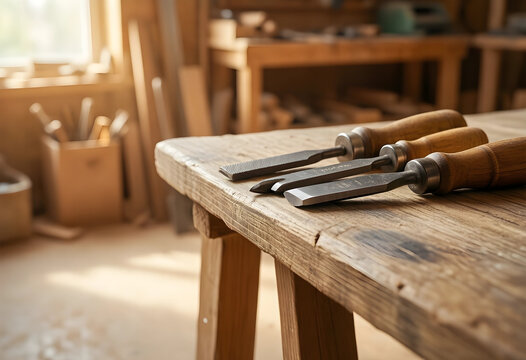 Craftsmanship and woodworking tradition, professional wood chisels on a rustic workbench in a carpentry workshop with natural light and blurred background