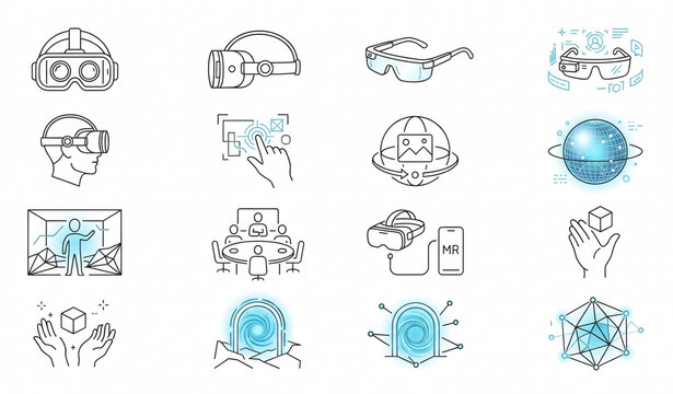 Virtual Reality Augmented Reality and Metaverse Thin Line Vector Icon Set