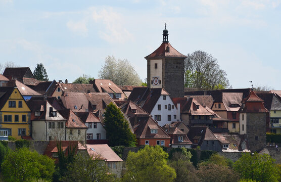 Panoramic View of Medieval City Wall and Towers in Rothenburg ob der Tauber