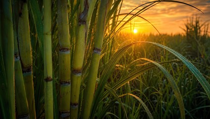Obraz premium Close-up of tall green sugarcane stalks with leaves in a field at sunrise, showing dew drops and golden light.