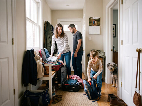 Family Packing Suitcases and Luggage in Home Hallway for Vacation
