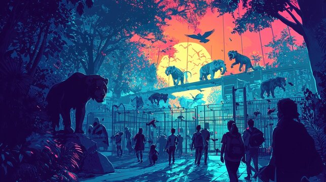 Vivid digital illustration of a zoo at sunset with visitors observing exotic animals including lions and tigers, large trees, vibrant colors, artistic style, lively atmosphere