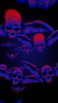 Animated winged skulls flying in puppet stop-motion style. Top-half skulls with outstretched wings in a looping flight motion, rendered with a handmade, tactile aesthetic.