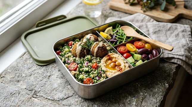 Healthy vegan reusable container meals with falafel, hummus, tabbouleh, and fresh salad for lunch