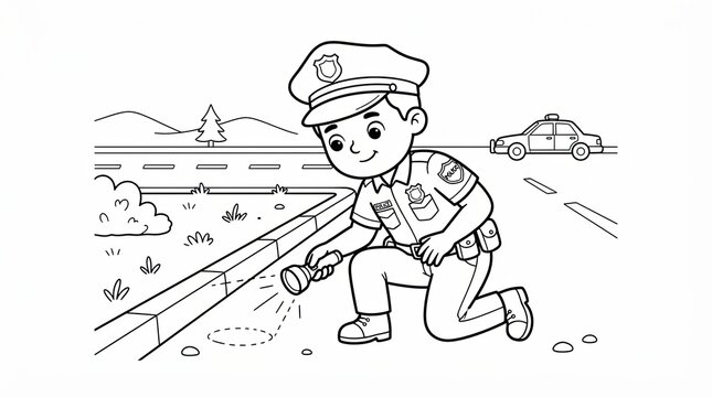 Little police officer holding a flashlight in a coloring book page