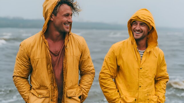 Two smiling male friends in yellow raincoats enjoying a rainy day by the ocean